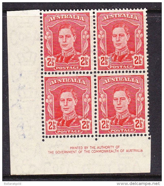 Australia 1942 - 2½d Geo V1 Scarlet-  IMPRINT Corner Block 4 - MH - Mint Stamps