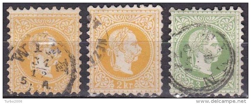 Osterreich /  Austria 1867 Kaiser Franz Joseph 2 Kr. Gelb I - II 3 Kr. Grün II  Mi 35 I A - 35 II A - 36 I A - Gebruikt