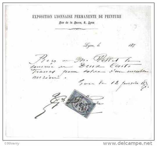 FACTURE EXPOSITION LYONNAISE PERMANENTE DE PEINTURE 1877 RECU MANUSCRIT POUR ACHAT MEUBLE 69 LYON RUE DE LA BARRE - Other & Unclassified