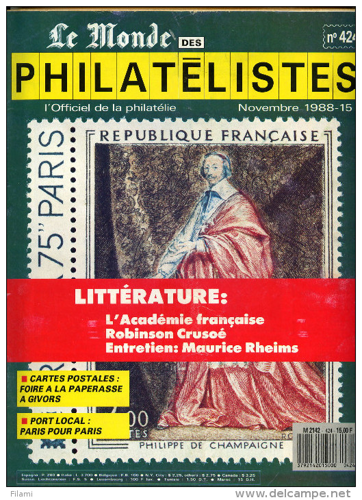 Le Monde Des Philatelistes N.424 11/88,Academie Française,débaptisation Commune,ile Rob Crusoé,olympiades,lettre Locale - Französisch (ab 1941)