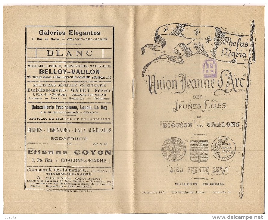 Bulletin  "Union Jeanne D'Arc" Des Jeunes Filles Du Diocèse De Châlons-sur Marne - Mensuel  Décembre 1929 - Publicités