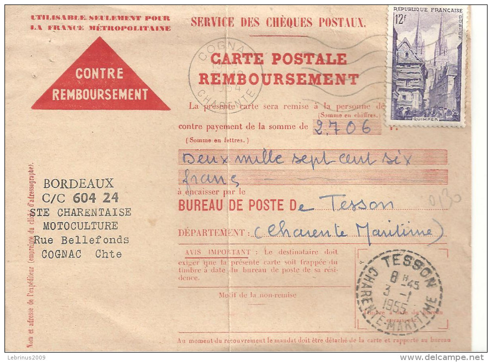 CONTRE-REMBBOURSEMENT   - N° 979 E COGNAC Pour TESSON  Du 2/1/55 - 1921-1960: Moderne
