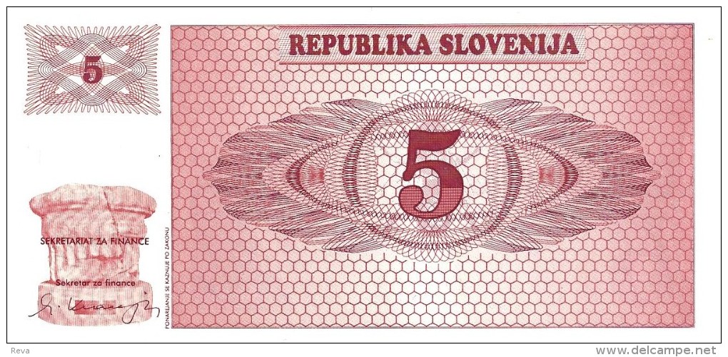 SLOVENIA 5 TOLARJEV  LIGHT BROWN MOUNTAINS LANDSCAPE FRONT  MOTIF BACK  DATED 1990 P.3 UNC  READ DESCRIPTION - Eslovenia