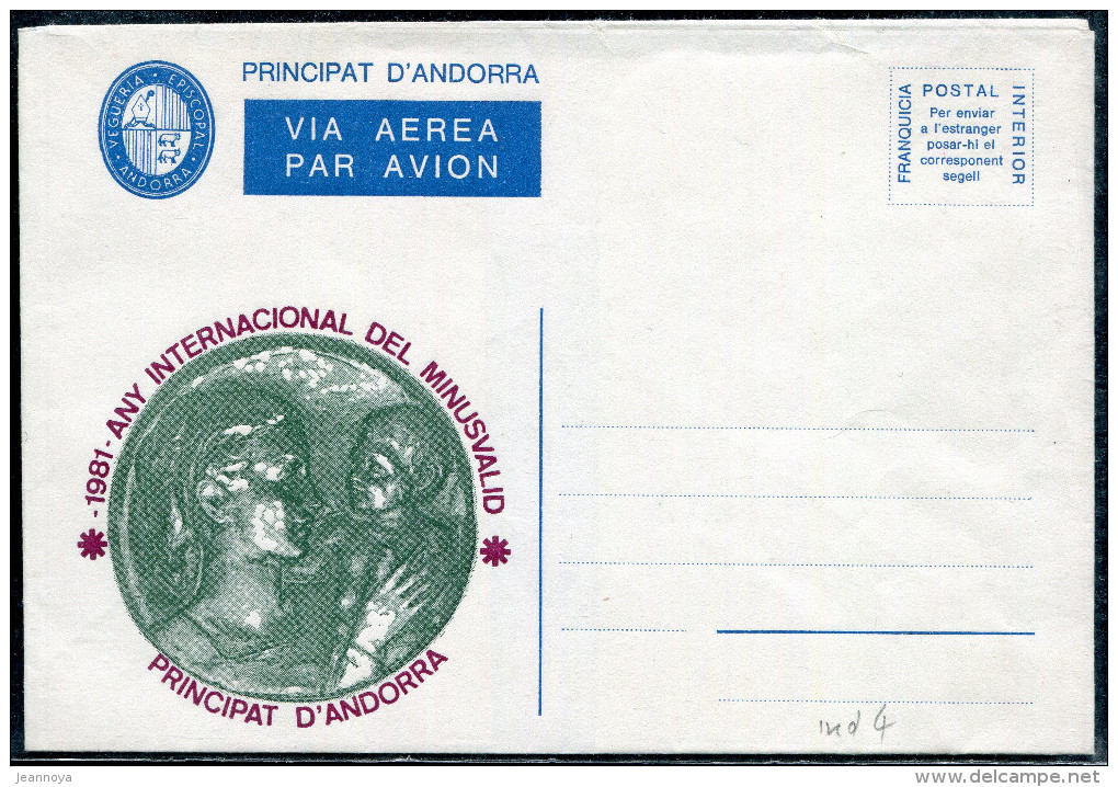 ANDORRA - AEROGRAMME DE 1981 ANY INTERNACIONAL DEL MINUSVALID , ANNÉE INTERNATIONALE DU HANDICAP - SUP - Viguerie Episcopale