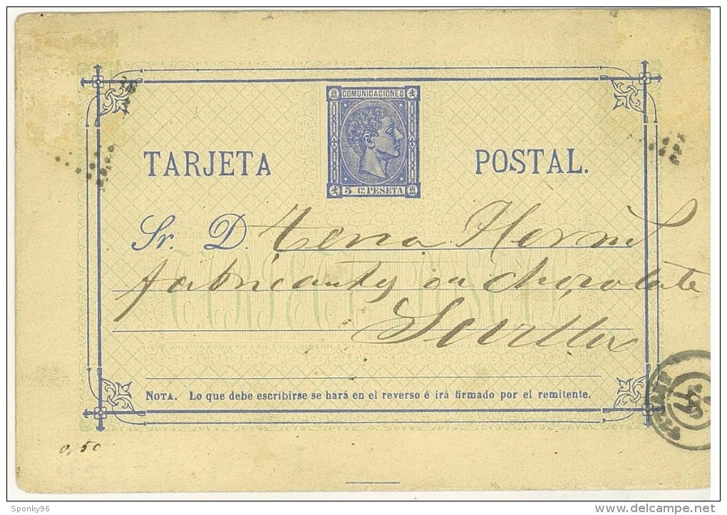 STORIA POSTALE - ESPANA - SPAGNA - ANNO 1877 - TARJETA POSTAL - PER LENA MESONE - SEVILLA - - Marques De Censures Républicaines