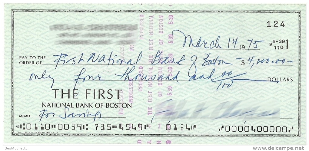 @@@ THE FIRST NATIONAL BANK OF BOSTON CHEQUE, DATED 1975, USD 4.000 - Cheques & Traverler's Cheques