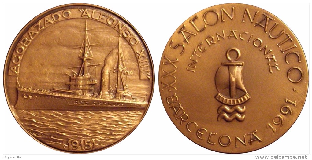 ESPAÑA. MEDALLA XXX SALON NAUTICO INTERNACIONAL BARCELONA 1.991. ACORAZADO ALFONSO XIII. SPAIN. ESPAGNE - Profesionales/De Sociedad