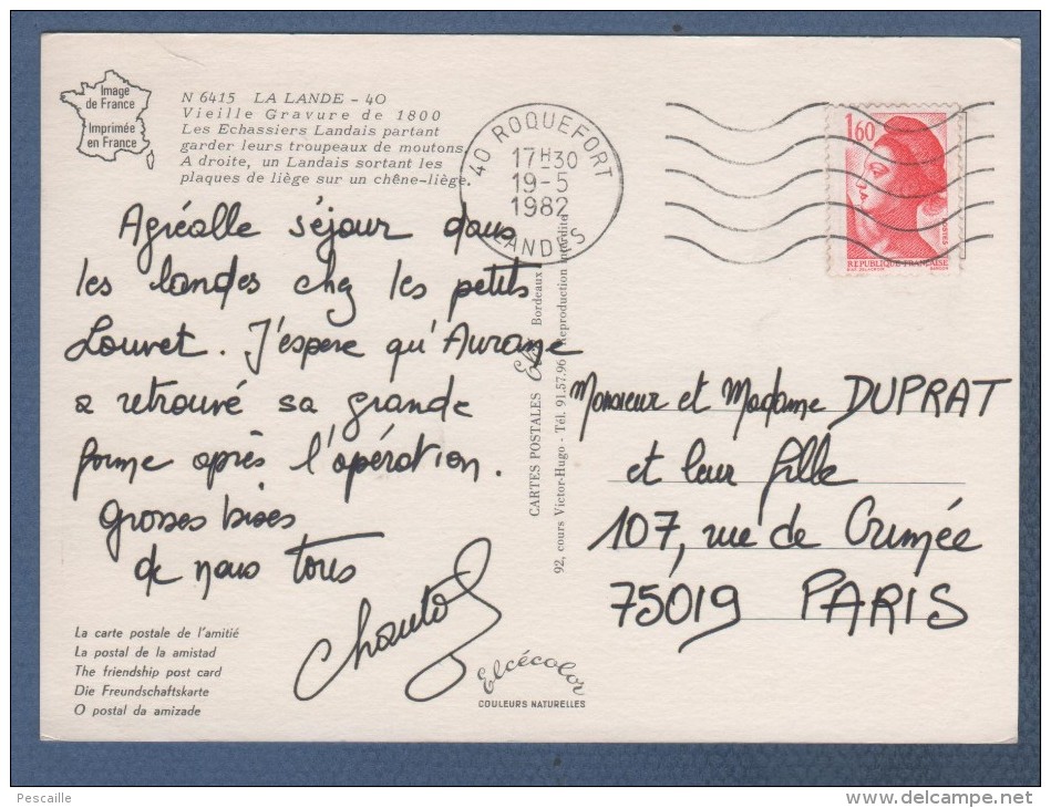 40 LANDES - CP GRAVURE LES ECHASSIERS LANDAIS EN 1800 - CARTES POSTALES ELCE BORDEAUX N° N 6415 - CIRCULEE - Other & Unclassified