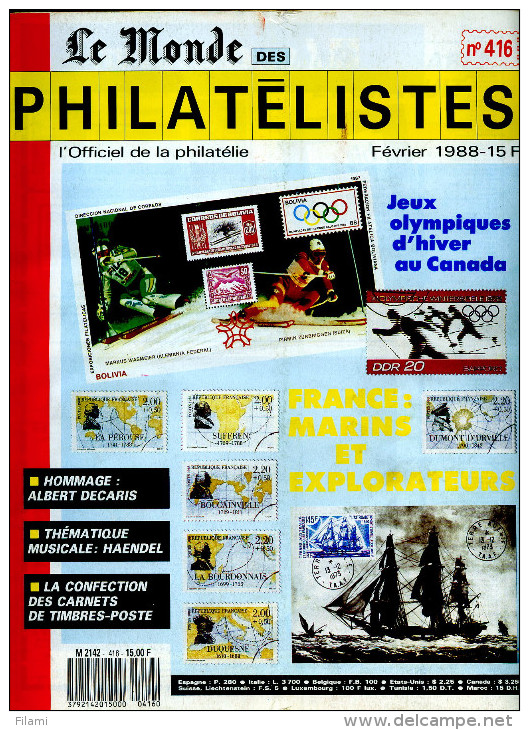 Le Monde Des Philatelistes N.416 2/88,JO Hiver Calgary,carnet Monde,1.emission France,Decaris,theatre,Haendel Musique - Französisch (ab 1941)
