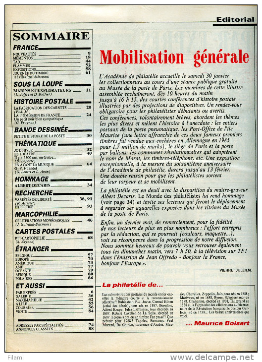 Le Monde Des Philatelistes N.416 2/88,JO Hiver Calgary,carnet Monde,1.emission France,Decaris,theatre,Haendel Musique - Französisch (ab 1941)