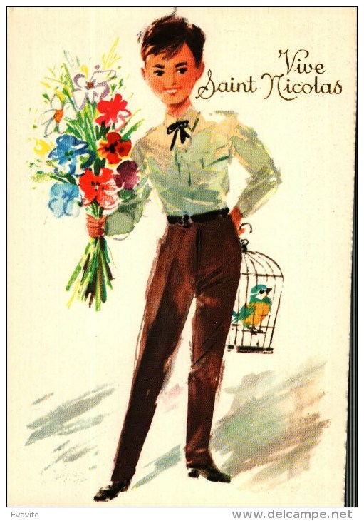 Carte Postale -   Vive SAINT-NICOLAS  -  Jeune Homme, Bouquet, Oiseaux - Saint-Nicholas Day