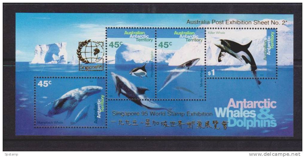 Australian Antarctic Territory 1995 Whale & Dolphin Miniature Sheet MNH Singapore Exhibition Overprint - Nuevos