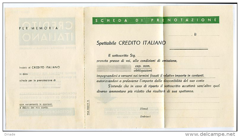 SCHEDA PRENOTAZIONE SOTTOSCRIZIONE TITOLI CREDITO ITALIANO ANNO 1940 BANCA - Altri & Non Classificati