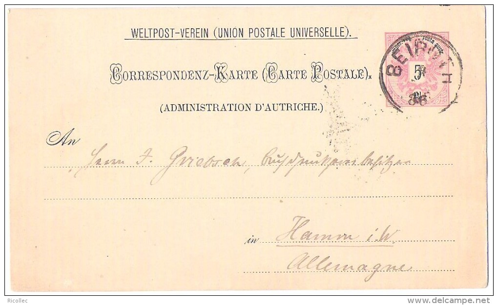 Postal Stationery Postcard From Beirut Beyrouth Lebanon Liban To Germany Austrian Post Office 03-05-1886 - Liban