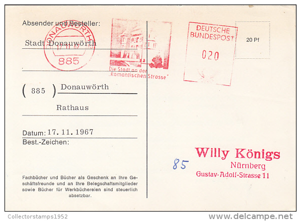 37677- AMOUNT 20, DONAUWORTH, HOUSE, RED MACHINE STAMPS ON POSTCARD, 1967, GERMANY - Briefe U. Dokumente