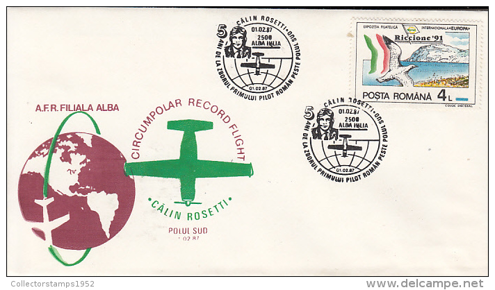 37908- CIRCUMPOLAR RECORD FLIGHT, CALIN ROSETTI, SPECIAL COVER, 1987, ROMANIA - Vuelos Polares