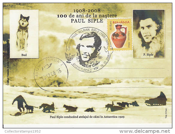 37909- PAUL SIPLE ANTARCTIX EXPEDITION, DOG, SLEIGH, SPECIAL POSTCARD, 2008, ROMANIA - Antarctic Expeditions