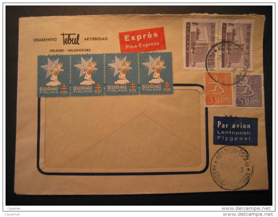 FINLAND Helsinki 1957 4 Stamp + TB Tuberculose 4 Label Poster Stamp On Express Expres Air Mail Cover - Covers & Documents
