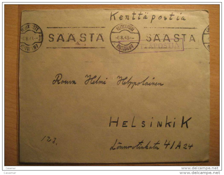 FINLAND 1943 To Helsinki K WWII Militar Postage Paid Kenttapostia Faltpost Saasta Cancel Cover Finlande - Military / Militaires / Militair