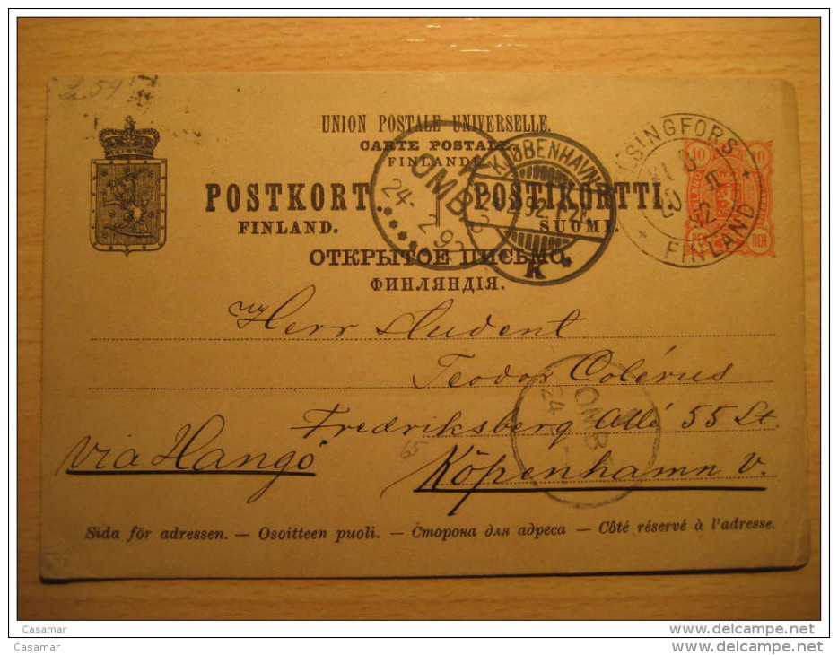 Helsinki 1892 VIA HANGO To Copenhague DENMARK Postal Stationery - Lettres & Documents