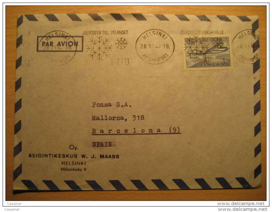 1962 Helsinki To Barcelona Air Mail Commercial Cover - Cartas & Documentos