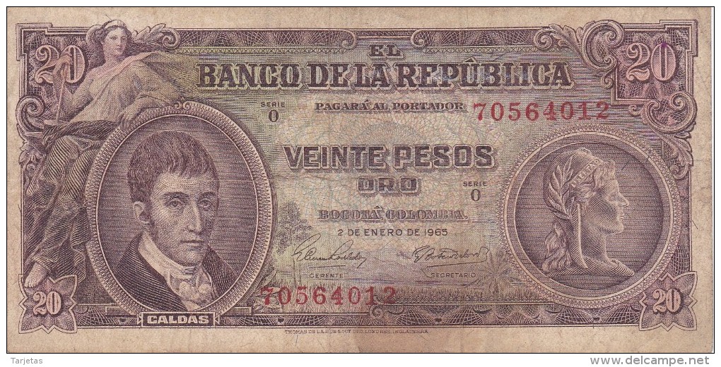 BILLETE DE COLOMBIA DE 20 PESOS DE ORO DEL AÑO 1965  (BANK NOTE) - Colombia