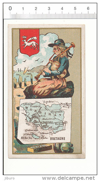 Chromo Carte Géographique Département Morbihan Blason Bretagne Costume Breton Cornemuse Menhirs  IM 69-G-1 - Autres & Non Classés