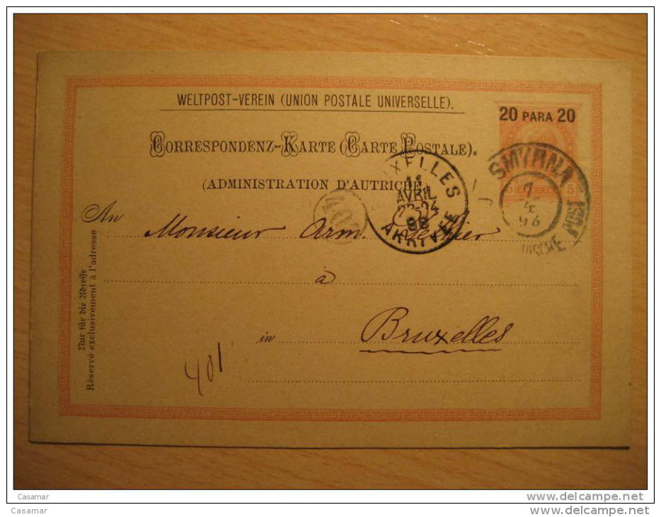 LEVANT Smyrna 1898 To Bruxelles Belgium 20 Para Overprinted Postal Stationery Card - Levant Autrichien
