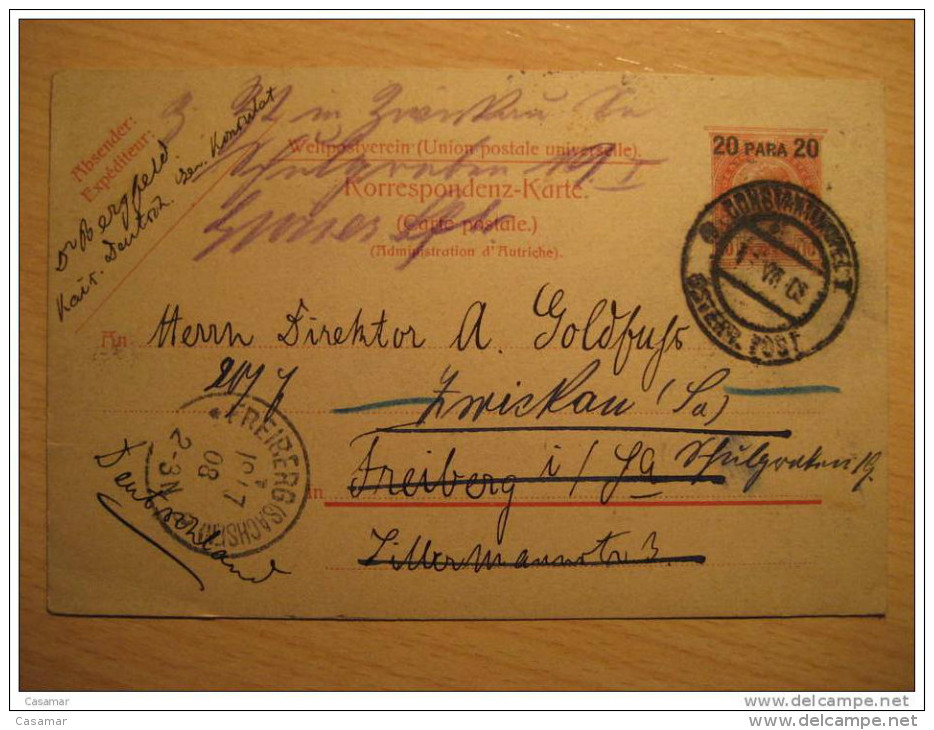 LEVANT Constantinople 1908 To Freiberg Germany 20 Para Overprinted Postal Stationery Card - Levant Autrichien