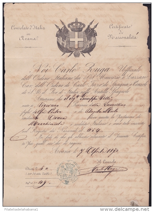 E3087 CUBA CONSULATE OF ITALY IN HAVANA CONSULAR DOC 1870. BIRTH ACT - Documentos Históricos