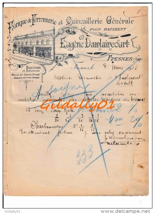 Lettre:    FRESNES(Nord).   FABRIQUE DE FERRONNERIE ET QUINCAILLERIE.    EUGENE DAMLAINCOURT.    1912. - 1900 – 1949