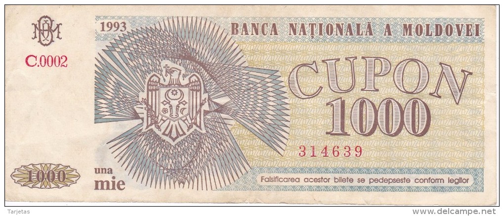 BILLETE DE MOLDOVA DE 1000 CUPON DEL AÑO 1993 (BANKNOTE) - Moldova