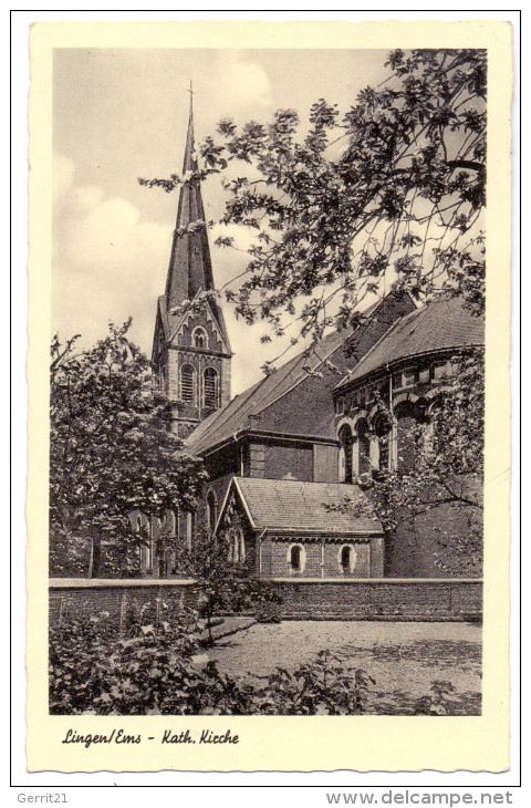 4450 LINGEN, Kath. Kirche, 1954, Bahnpost Münster-Norddeich - Lingen