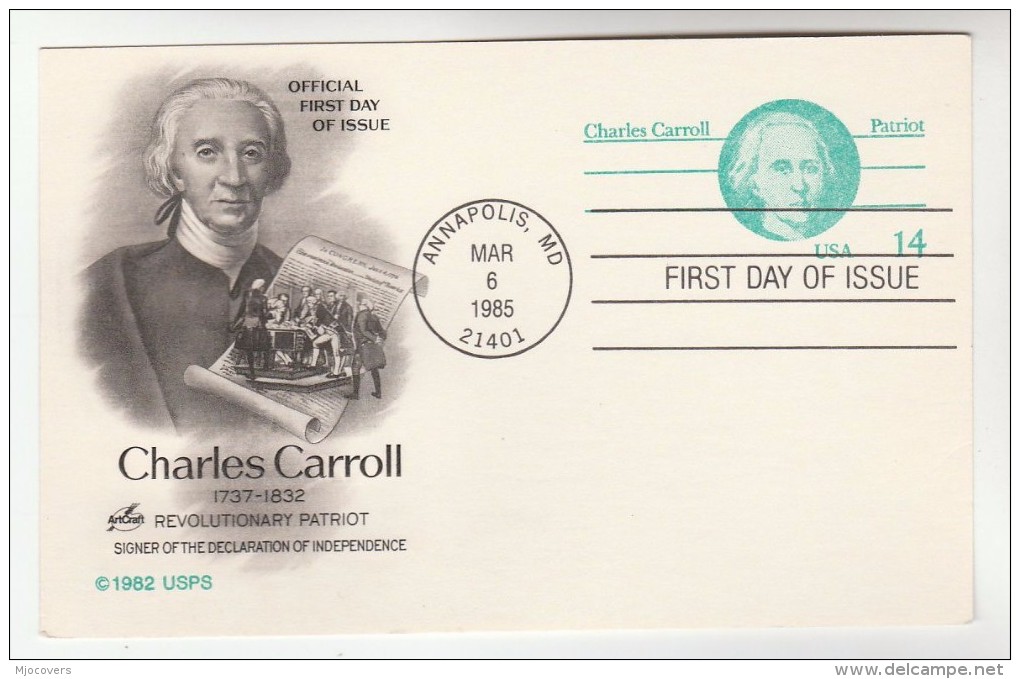1985 Annapolis USA Postal STATIONERY CARD FDC Illus CHARLES CARROLL & DECLARATION INDEPENDENCE Stamps Cover - 1981-00