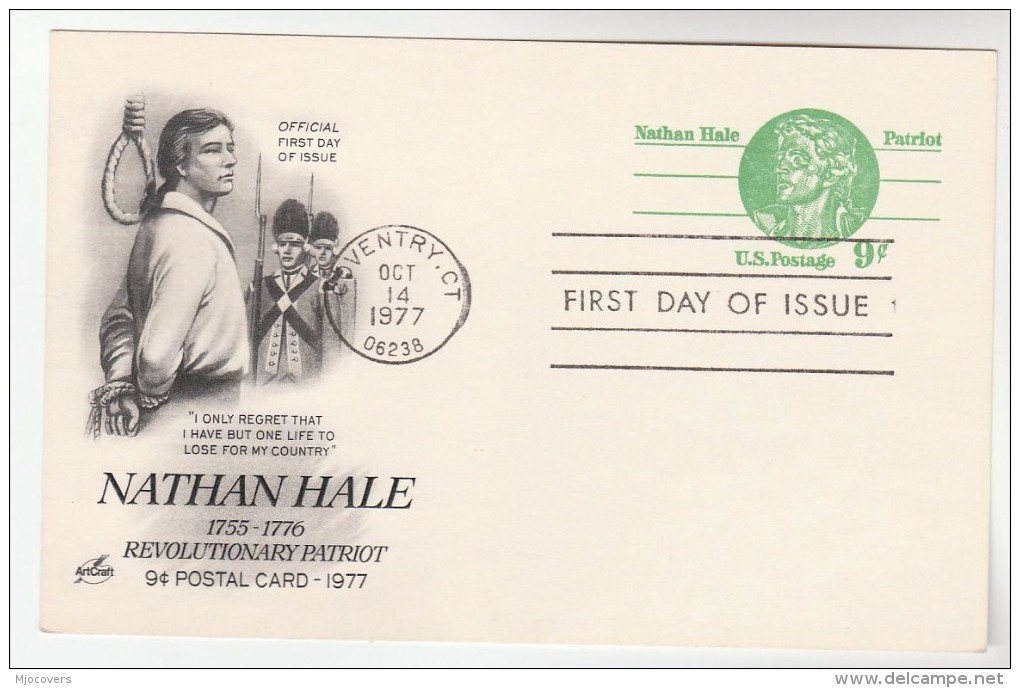 1977 Coventry  USA Postal STATIONERY CARD FDC Illus NATHAN HALE AND ROPE NOOSE Stamps Cover - 1961-80
