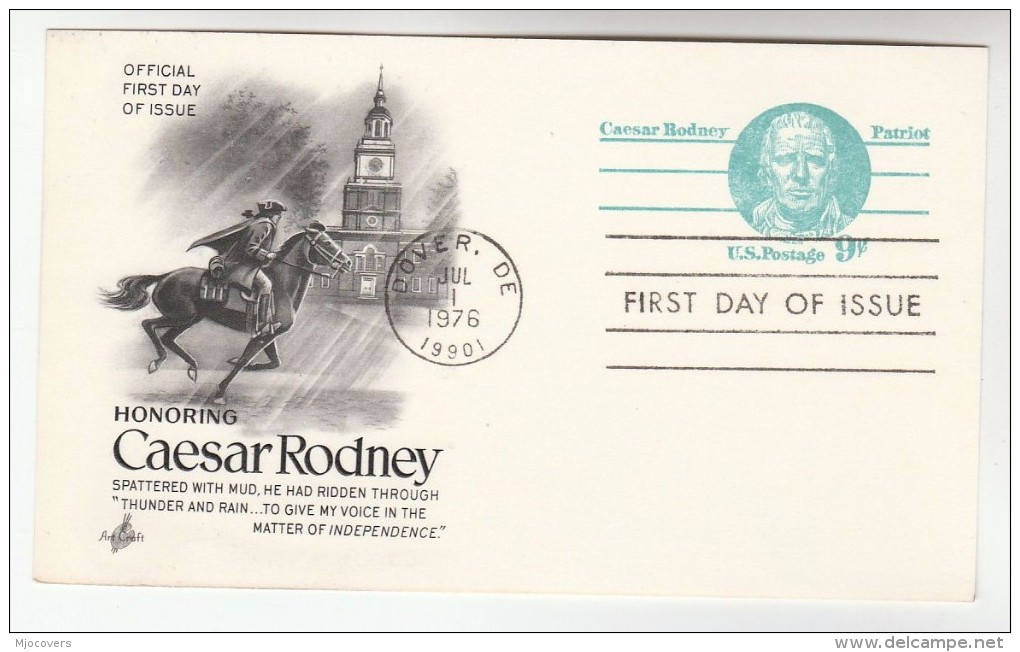 1976 Dover USA Postal STATIONERY CARD FDC Illus CAESAR RODNEY & HORSE Stamps Cover - Horses