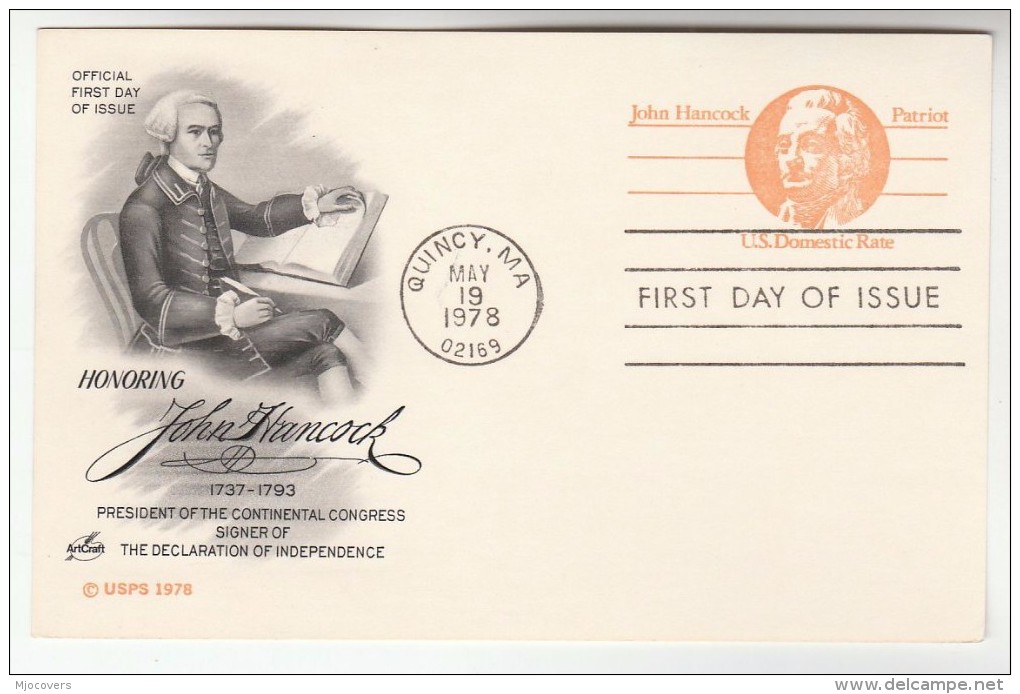 1978 Quincy  USA Postal STATIONERY CARD (black)  FDC Illus JOHN HANCOCK  CONTINENTAL CONGRESS Stamps Cover - 1961-80