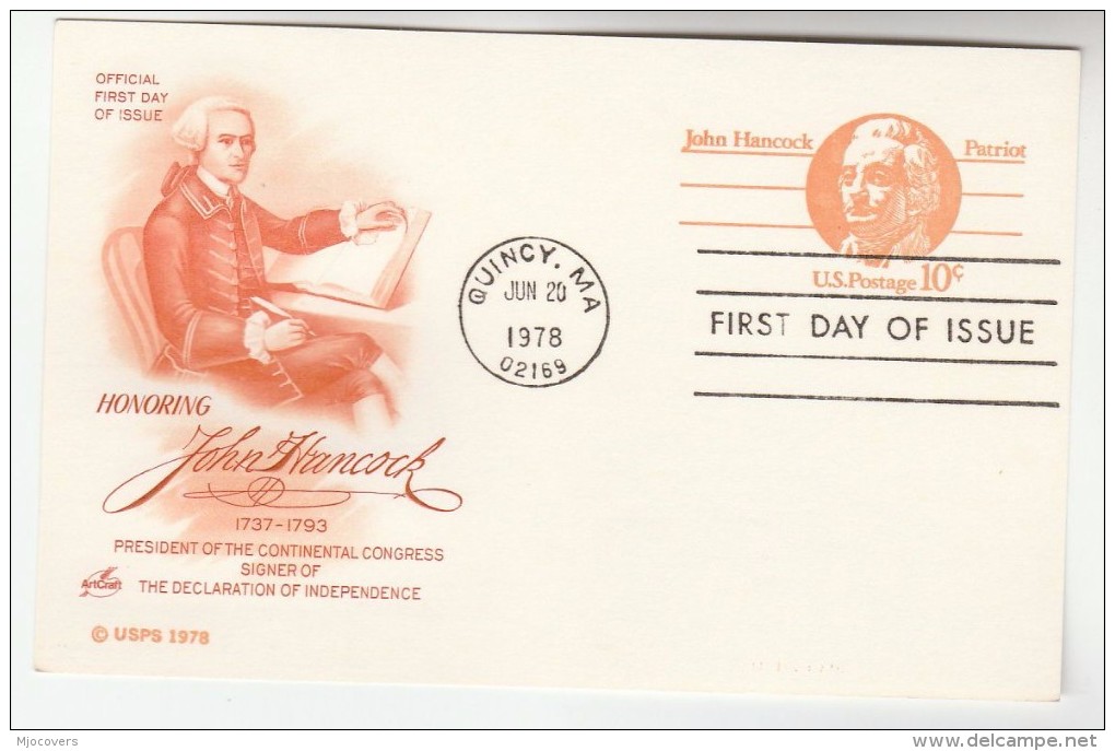 1978 Quincy  USA Postal STATIONERY CARD (orange) FDC Illus JOHN HANCOCK  CONTINENTAL CONGRESS Stamps Cover - 1961-80