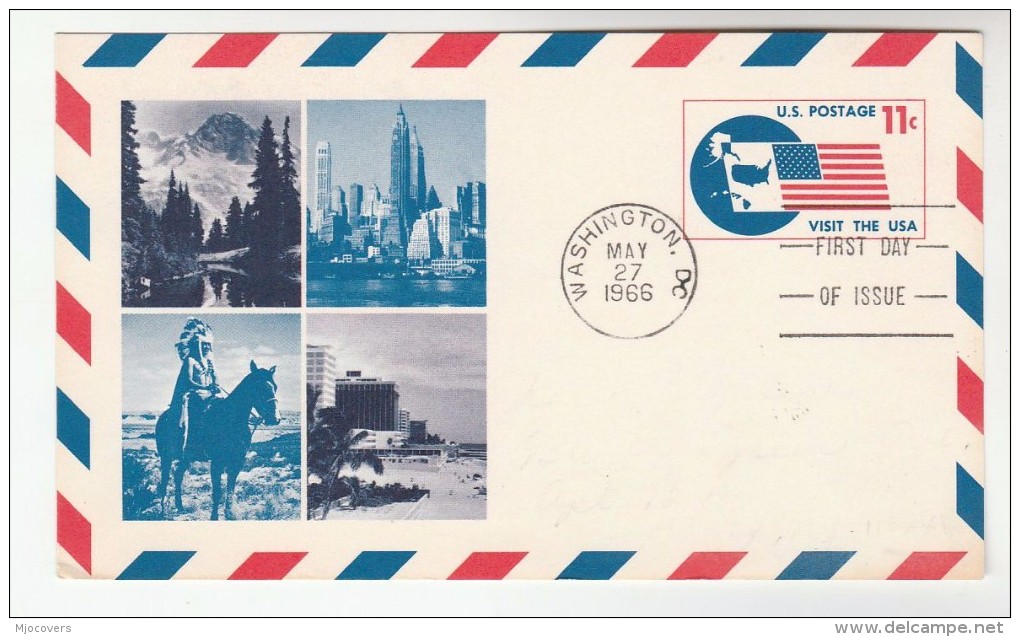 1966 Washington USA AIRMAIL Postal STATIONERY CARD FDC Illus VISIT USA FLAG MOUNTAIN TREE NATIVE INDIAN Stamps Cover - 1961-80