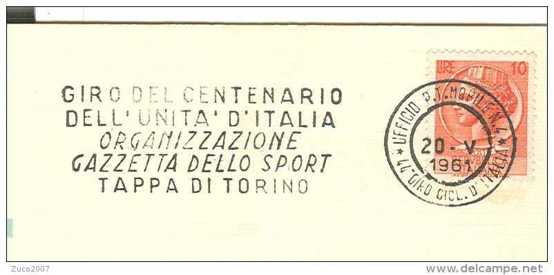 ITALIA 61,GIRO CENTENARIO UNITA D'ITALIA,GAZZETTA DELLO SPORT,TAPPA DI TORINO,ANNULLO SPECIALE,CARTOLINA VIAGGIATA, - Ciclismo