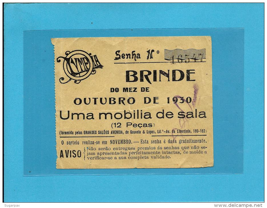 Lisboa - 1930 - Olympia - Brinde - Sorteio De Uma Mobília De Sala - Portugal - Billets De Loterie