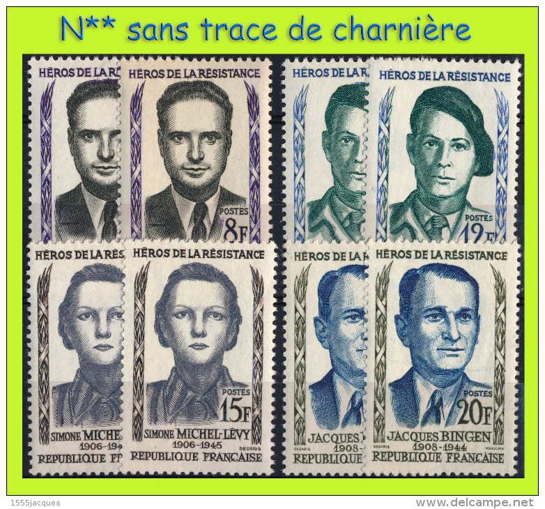 N° 1157 à 1160 - HÉROS DE LA RÉSISTANCE 1958  - EN DOUBLE EXEMPLAIRE N** SANS CHARNIÈRE NI TRACE - Neufs