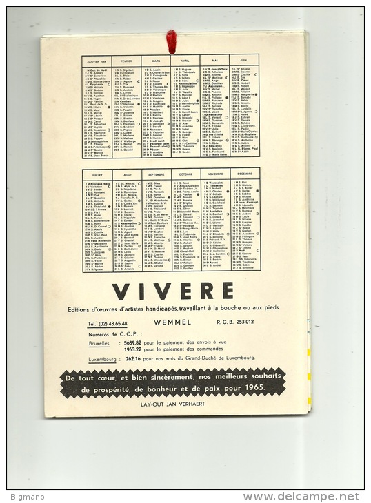 Calendrier 1965 Wemmel Vivere Peintures à La Bouche Ou Aux Pieds - Grand Format : 1961-70