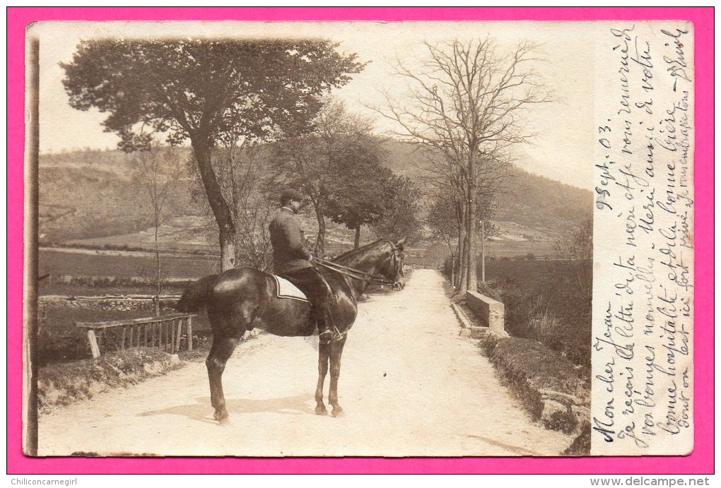 Carte Photo - St Julien Sur Le Suran - Homme à Cheval - 1903 - Cachets Postaux De St Julien Sur Le Suran à Montrevel - Sonstige & Ohne Zuordnung