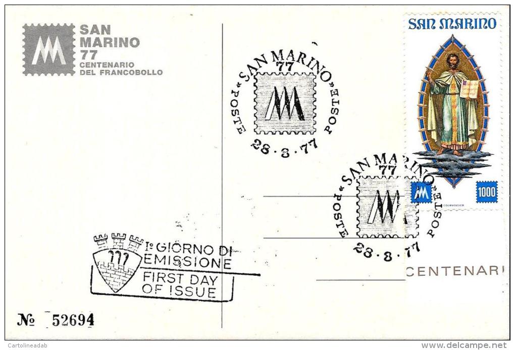 [MD0626] CPM - SAN MARINO 77 - CENTENARIO DEL FRANCOBOLLO - CON ANNULLO 28.8.1977 - NV - San Marino