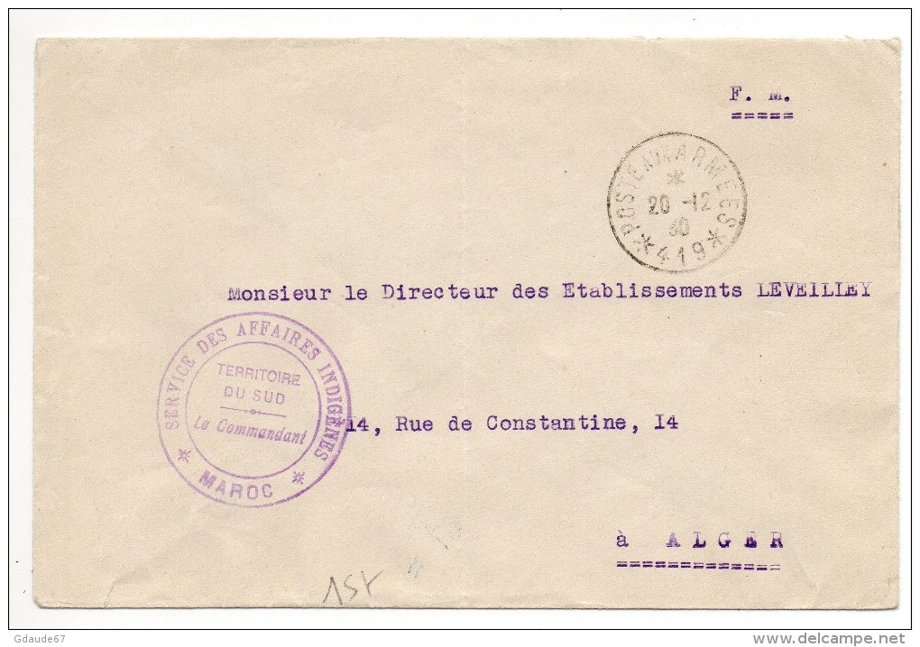 1930- ENVELOPPE FM POSTES AUX ARMEES 419 Avec CACHET DES AFFAIRES INDIGENES (MAROC) - Lettres & Documents