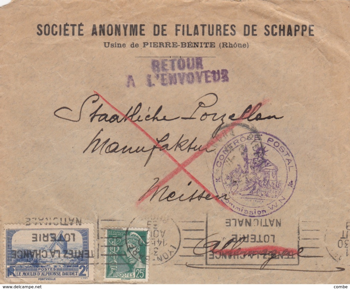 LETTRE 1939. RHONE PIERRE BENITE. SOCIÉTÉ ANONYME DE FILATURES DE SHAPPE POUR L'ALLEMAGNE. CONTRÔLE POSTAL. RETOUR/ 5999 - 1921-1960: Période Moderne