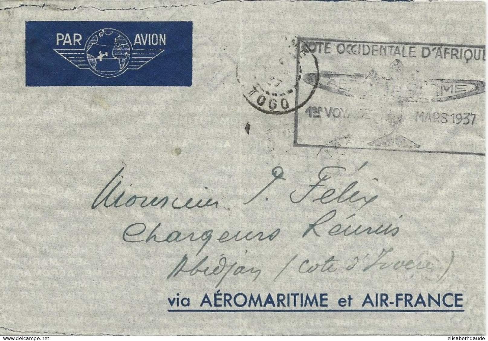 TOGO - 1937 - ENVELOPPE Par AVION De LOME Via AEROMARITIME Et AIR FRANCE Pour ABIDJAN (COTE D'IVOIRE) - Cartas & Documentos