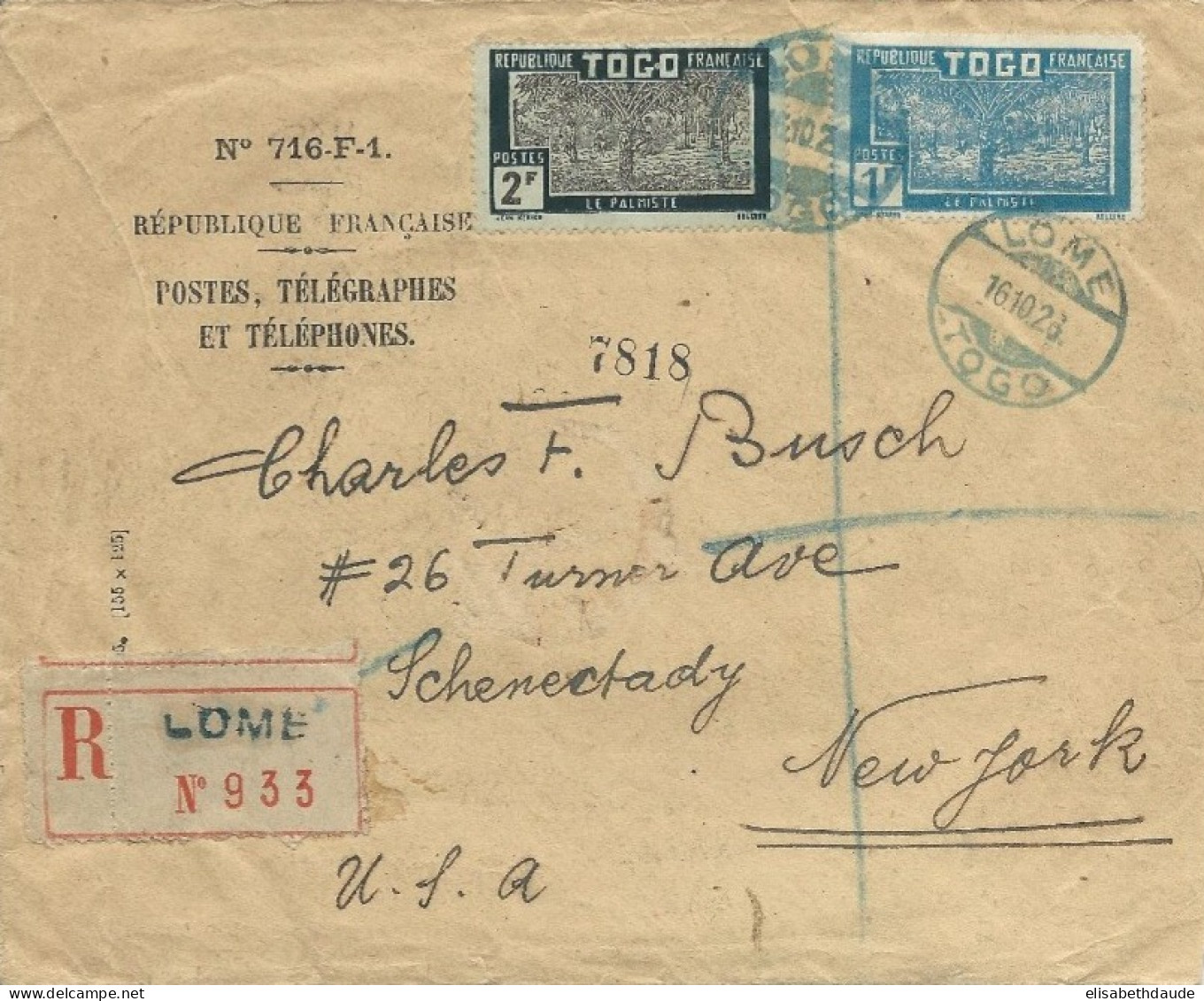 TOGO - 1926 - ENV. SERVICE PTT RECOMMANDEE De LOME Avec OBLITERATION ALLEMANDE BLEUE ! => NEW-YORK (USA) Via LIVERPOOL - Covers & Documents