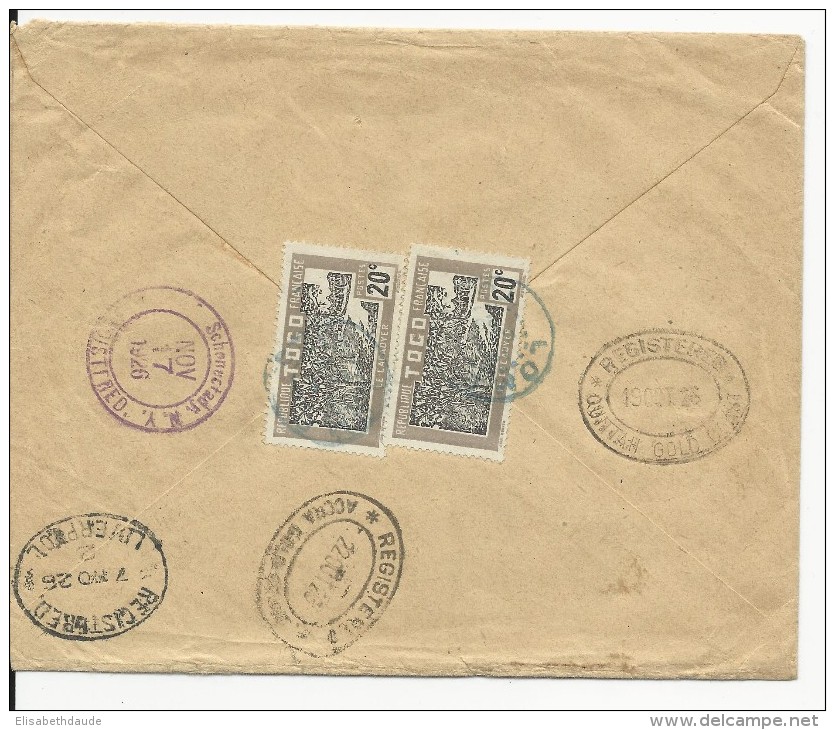 TOGO - 1926 - ENV. SERVICE PTT RECOMMANDEE De LOME Avec OBLITERATION ALLEMANDE BLEUE ! => NEW-YORK (USA) Via LIVERPOOL - Lettres & Documents